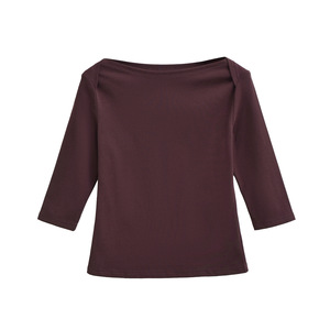 Nouveau T-shirt vintage d'automne à <span class=keywords><strong>col</strong></span> <span class=keywords><strong>bateau</strong></span> et manches trois-quarts, coupe ajustée, haut court pour femme - Product Image 1