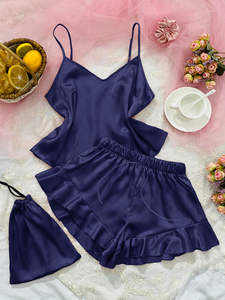 Set Pigiama Estivo Autunnale Primaverile da Donna 3 Pezzi Bestseller in Seta Ghiaccio con Schiena Aperta e Spalline - Product Image 3