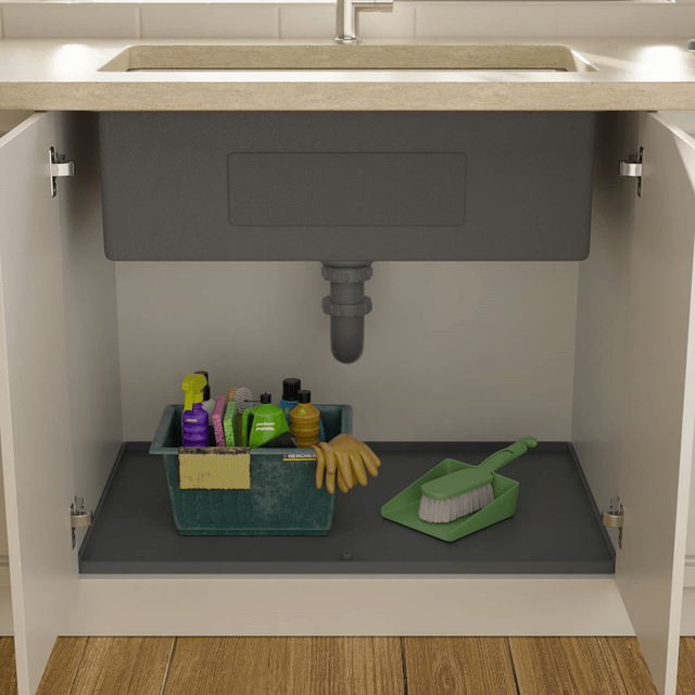 Under Sink Mat for Kitchen Waterproof 34" X 22" With Drain Hole, Kitchen Bathroom Sink Cabinet Protection Mat (Grey)