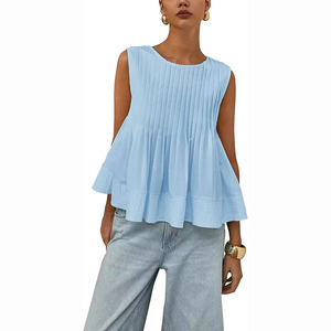 Hochwertige Sommer-Damenbluse mit Schmalpassform, Ärmellos, O-Ausschnitt, Einfach Plissiert, Gewebtes Einfarbiges Polyester-Oberteil - Product Image 6