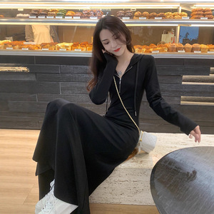 Hooded Long Dress Black Elastic Waist Zipper Solid Color Casual Daily Wear Women's Plus Size Sweatshirt Dress - Product Image 5