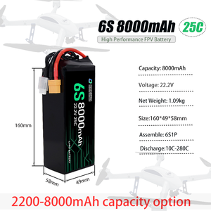 แบตเตอรี่โดรน 3S 6S 5000mah 8000mah แบตเตอรี่ลิเธียมไอออน แพ็คแบตเตอรี่ลิเธียมไอออนคุณภาพสูง ปลอดภัย สำหรับยูเอวี 10000mah-6S ลิเธียม-ไอออน - Product Image 5