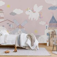 Papier peint élégant rose avec ballon à air chaud, toile murale, décoration murale artistique 3D pour chambre de filles