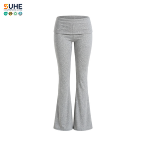 SUHE OEM ODM Ribbed Modal Spandex Elastic Waist Loose High Waist Flare Leggings Womens Yoga Bootcut Summer <b>Pants</b> - Product Image 1