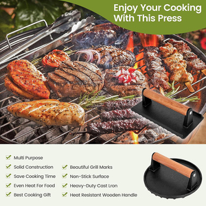 Prensa para Hamburguesas Antiadherente, Prensa para Carne, <span class=keywords><strong>Plancha</strong></span> de Hierro Fundido Resistente, Prensa para Hamburguesas con Mango de Madera - Product Image 3