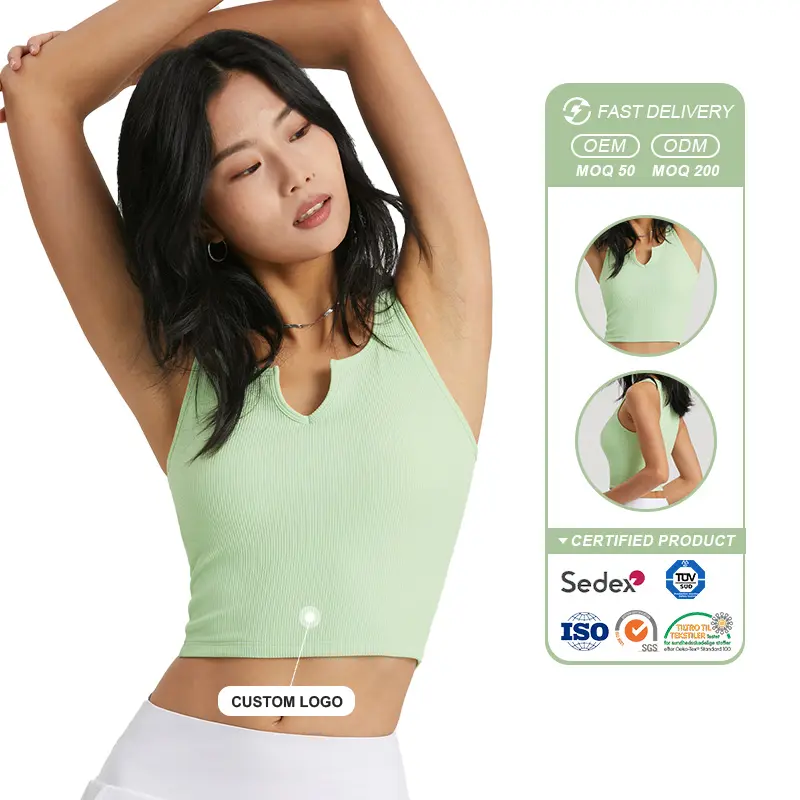 WX1508 Women Ribbed V-neck Yoga Tops Sleeveless Tank Top Slim Fit Yoga Top Sports Fitness Shirt