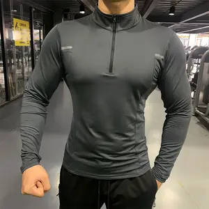 Erkekler spor gömlek egzersiz nefes Fit spor salonu hızlı kuru giyim koşu uzun kollu standı yaka fermuar T Shirt