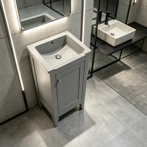 Mueble de Baño Moderno Minimalista de Madera Maciza Pintada en Gris con Tiradores Cromados, Lavabo de Cerámica y Desagüe de Acero Inoxidable - Product Image 5