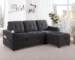 Sofá <span class=keywords><strong>Cama</strong></span> Plegable Chino con Puerto de Carga USB, Portavasos, Sofá Seccional en Forma de L con Espacio de Almacenamiento, Cómodo - Product Image 6