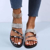 I-0622 Chaussures pour femmes, sandales d'extérieur à pince d'orteil, style coréen, tendance mode, imprimé floral, grandes tailles, mules plates, pour l'été, modèle transfrontalier