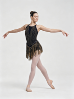 Costume de danse jazz noir et or pour femme, sans manches, avec franges, strass et dos croisé en maille, idéal pour la scène et les compétitions