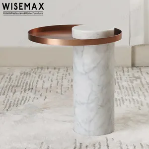 WISEMAX廉价不锈钢金属顶部设计圆形茶几现代白色大理石底座客厅边桌待售