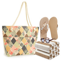 4 pièces bohème Kit de voyage d'été motif géométrique fourre-tout corde poignée tongs lunettes de soleil rayé serviette sac de plage ensemble pour femme