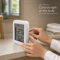 Thermomètre numérique et hygromètre avec écran LCD, alimenté par piles, pour cuisine, chambre, crèche, maison, avec mémoire de température maximale et minimale, et alarme horaire