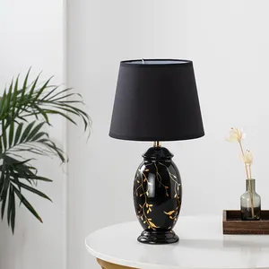 360 Lampu Keramik Led Meja Samping Tempat Tidur Lampu Hitam Kain Drum Warna Vintage Cina Klasik Lampu Meja