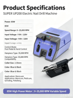 Perceuse à ongles électrique professionnelle Super UP200 silencieuse et à faibles vibrations, 35K tr/min, pour manucure et extension de gel