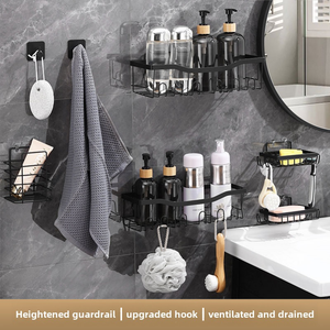 Étagère de douche murale à 2 niveaux en métal avec porte-savon et crochets pour rangement de shampoing, design minimaliste - Product Image 5