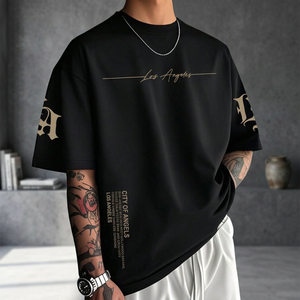 Camiseta de Manga Corta para Hombre, Oversize, Negra, con Estampado Digital de Letras, Cuello Redondo, Estilo Urbano, Algodón Jersey, Transpirable, Corte Regular - Product Image 4