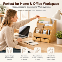 Organisateur de bureau multi-sections en bambou naturel de qualité supérieure, porte-documents, rangement pour documents, avec 2 tiroirs pour une utilisation sur le bureau