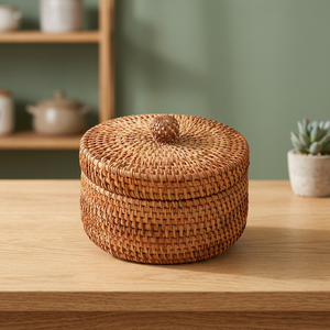 Natural Rattan Storage Basket With Lid Round Eco-Friendly <b>Rustic</b> Design Multi-Purpose Bowl Shape - Product Image 4