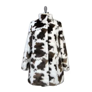 Custom Vintage Women's Coat Cow Leopard Printed Ladies Streetwear Soft Faux Jacquard Mink Fur Long Coat