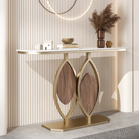 Table Console Simple Décorative pour Couloir Long, Dessus en Marbre, Base en Métal Noir et Or, pour Salon