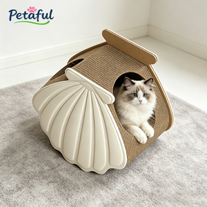 Custom EcoFriendly Durable White Shell-Shaped Luxury Modern Cat House Corrugated Cardboard Paper Cat Hideaway Scratching Surface