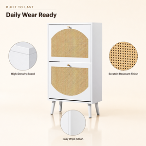 Meuble à chaussures blanc chic en <span class=keywords><strong>rotin</strong></span> avec deux tiroirs rabattables et pieds en bois pour l'entrée - Product Image 5