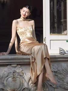 S4056L Nouvelle robe de soirée élégante et raffinée de couleur jaune <span class=keywords><strong>doré</strong></span>, sans bretelles, au style féerique et au tempérament exquis - Product Image 1