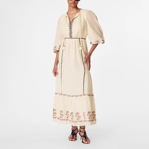 High Quality Boho Fashion Women Custom Long Sleeves Fit Flared Casual Maxi Dress Beachwear Embroidered Woven Cotton Long Dress