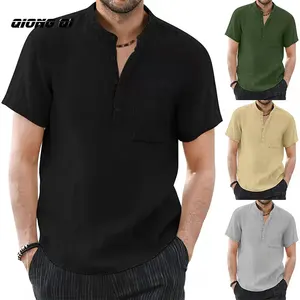 Kaus longgar pria, baju katun Linen kerah berdiri lengan pendek warna Solid 2024 untuk lelaki