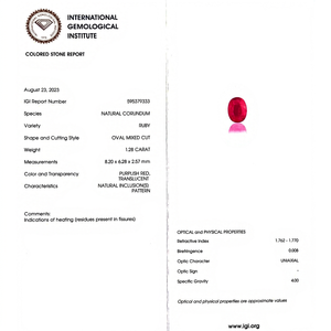 Rubis naturel certifié IGI, taille ovale, 1,28 carats, 8,20x6,28x2,57 mm, couleur rouge premium, lustre excellent, pierre précieuse de collection pour bijoux - Product Image 1