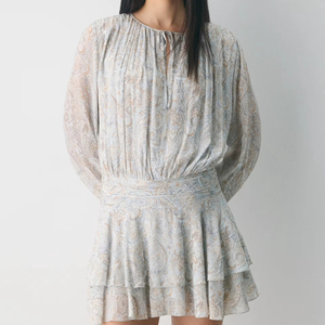 Light Blue Beige Paisley casual <b>skirt</b> Print Tie Neck Long Sleeve <b>Elastic</b> Waist Ruffle Hem Flowy Mini Dress - Product Image 2