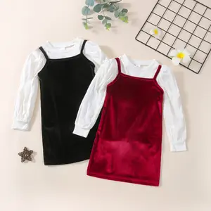 2021 New Baby Toddler Girl 2 pcs Outfit set Cute White Puff Sleeved Shirt +Velvet Jumper Skirt 2-6 Years