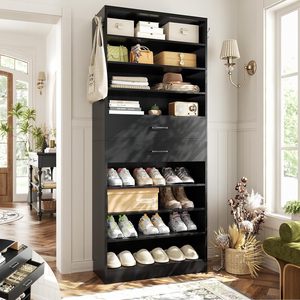 Zapatero alto de madera con 10 niveles, almacenamiento vertical, 2 cajones, estrecho, independiente, impermeable, diseño moderno, ahorro de espacio <span class=keywords><strong>para</strong></span> la entrada - Product Image 4