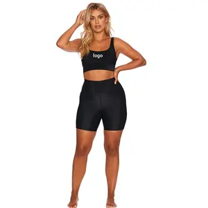 Özel Logo spor şort setleri siyah üst ve alt Yoga seti kadın kırpma üst ve bisiklet şort