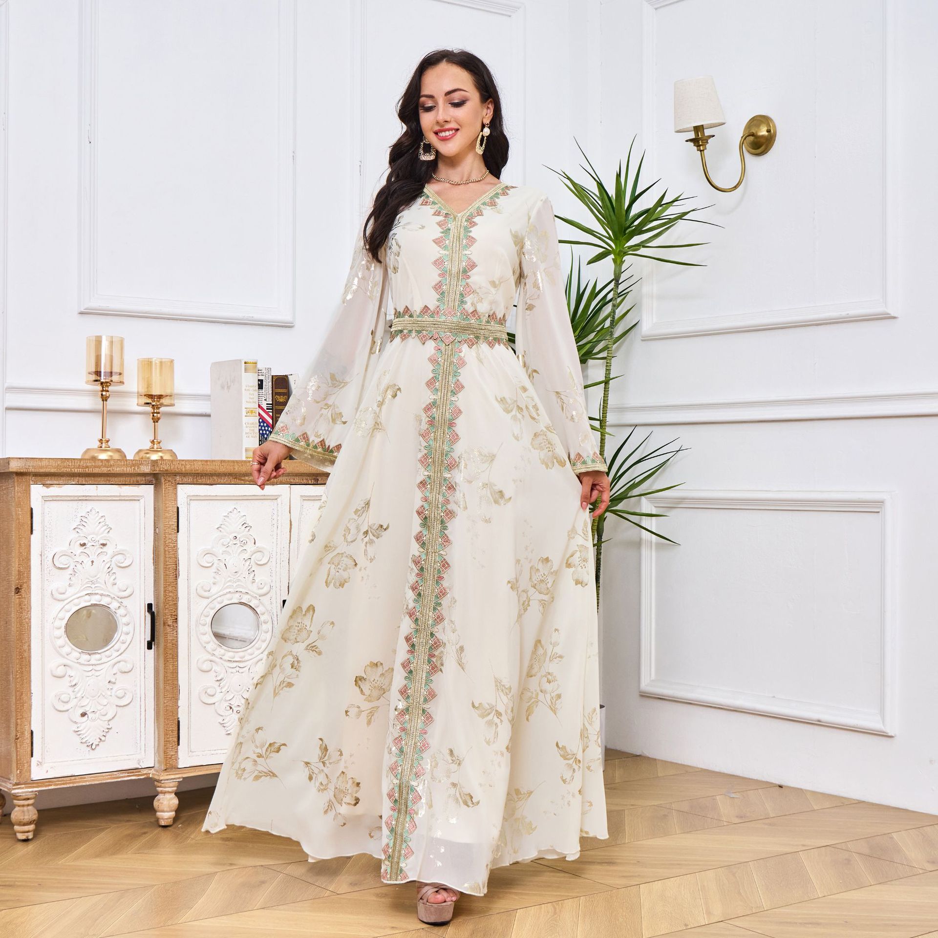 Arabic Popular White Muslin Dress Long Sleeve Maxi Embroidery Women Dresses  OC880