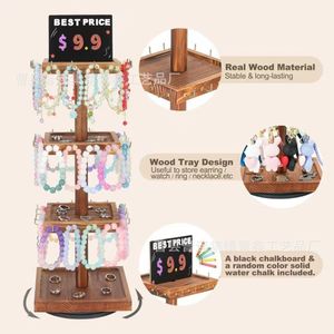 Wooden Rotating Jewelry Display Rack 3 Tier <b>Necklace</b> Storage Stand With Tray For Earrings <b>Rings</b> Watches - Product Image 1