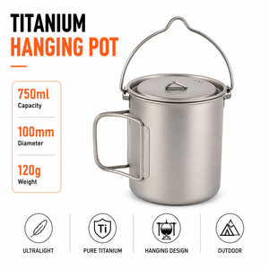 Pot à suspendre en titane pur 750 ml avec poignée pliable et couvercle, pour camping, cuisine, bushcraft et randonnée ultralégère en extérieur - Product Image 1