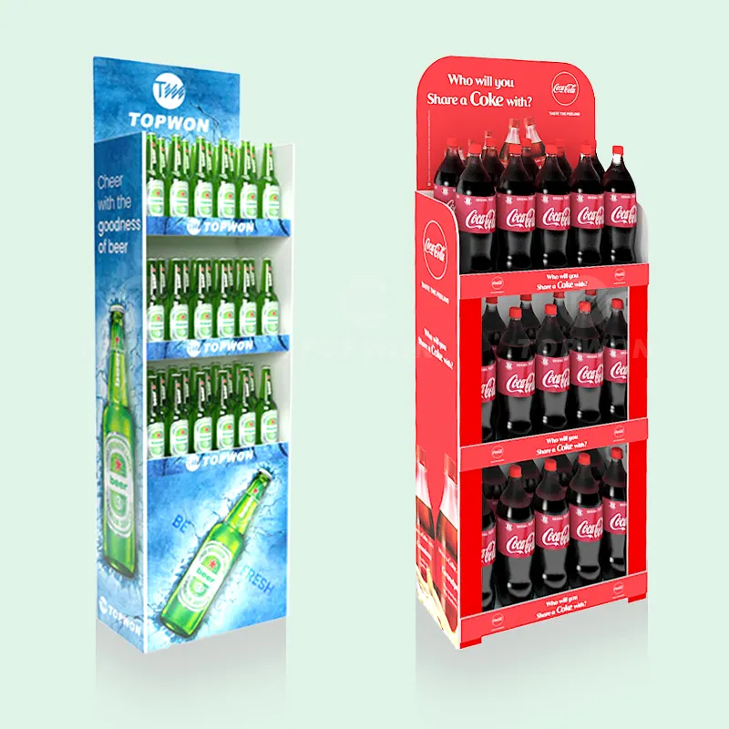 Paper Merchandising Floor Beer Brand Display Stand, Cardboard Pop Supermarket Beverage Beer Display Rack
