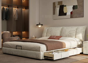 Gaya Italia beruang hitam kain Chenille lembut Master kamar tidur dengan rangka kayu dengan kasur dan penyimpanan - Product Image 2