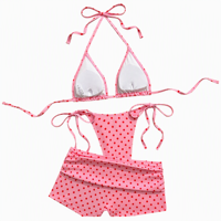 Traje de Baño Ecológico Personalizado con Diseño de Puntos, Bikini de 3 Piezas con Lazos Laterales Triangulares y Pantalones Cortos Fruncidos