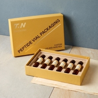 Boîte rigide en carton avec couvercle jaune personnalisé et insert en pulpe moulée pour flacons de peptides, 6 flacons, impression offset, logo estampé à chaud