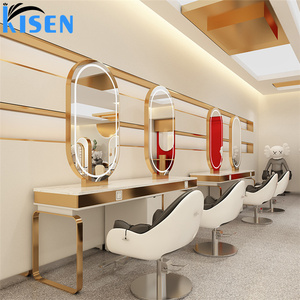 Espejo de pie de acero inoxidable KISEN para salón con estantes de almacenamiento y diseño contemporáneo, espejo personalizado para barbería. - Product Image 6