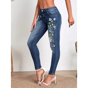 Jeans Skinny Extensibles Élégants pour Femmes, Style Européen, Broderie Motif Pot de Fleurs, Coupe Slim Fuselée en Denim - Product Image 2
