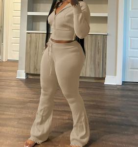 Viviblook Z1230ST03 Ensemble de sport 2 pièces pour femme, motif uni, automne-hiver, pull à capuche tricoté et pantalon décontracté - Product Image 4