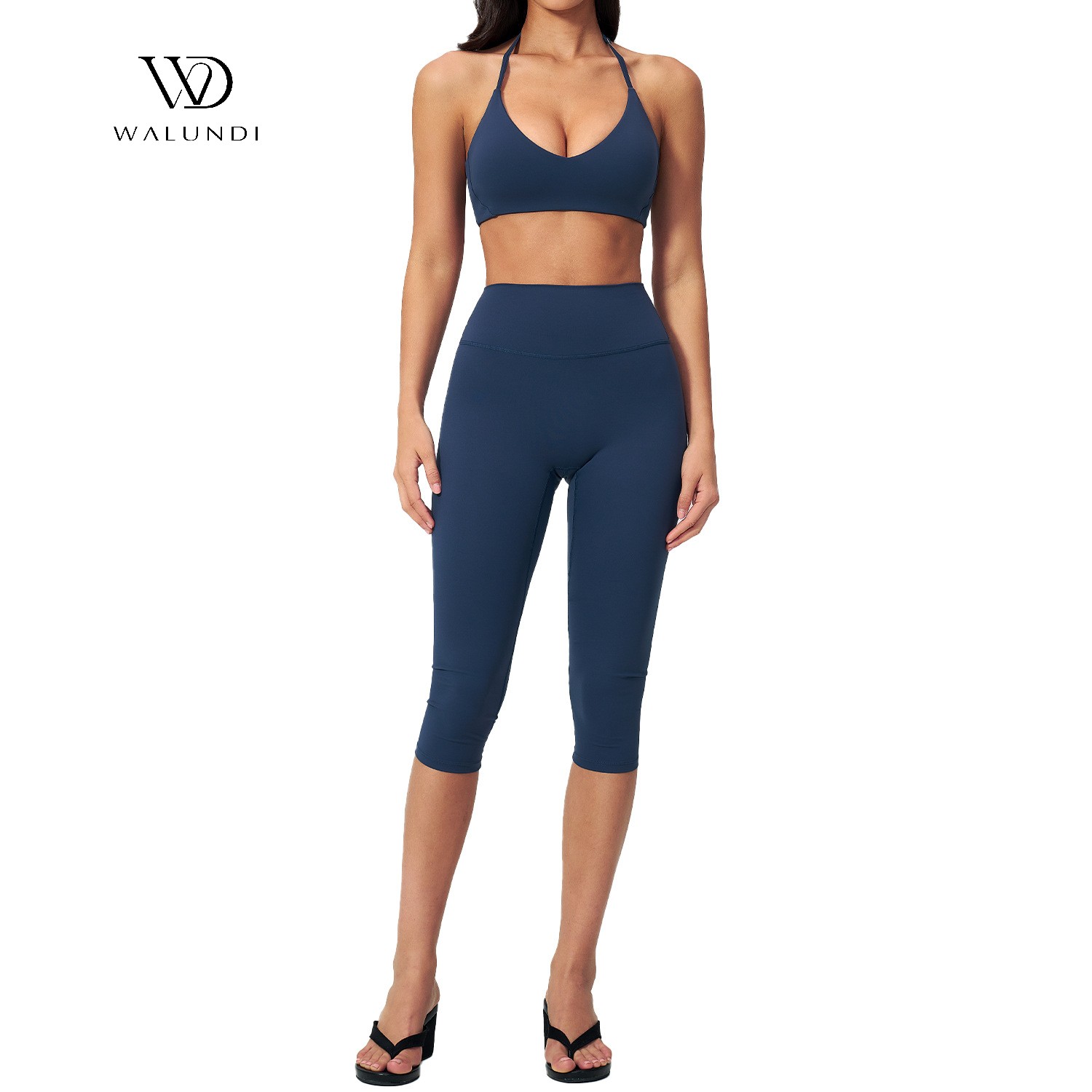Yoga Set Set of 2 Cropped Capri Pants and V-Neck Halterneck Sports Bra Summer Versatile Training Fitness Sports Set