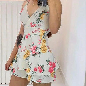 Robe midi décontractée d'été pour femme, col rond, manches courtes, taille élastique, coupe ample, imprimé floral à pois, en coton tissé respirant - Product Image 6