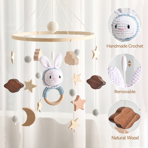 Mobile de lit bébé moderne décoratif avec télécommande, projection apaisante ciel étoilé, jouet en bois et feutre doux - Product Image 1