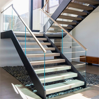 Maßgefertigte Moderne Innen-Metalltreppe aus Edelstahl mit Massivholz-Doppelplattenglas Gerade Stufen für Villen Glasgeländer